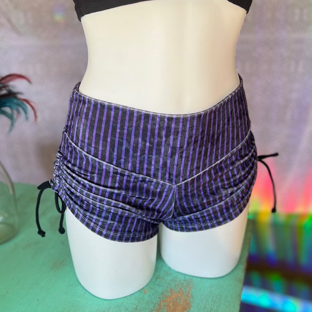 High-Waist Purple Striped Women’s Shorts - Picture 2 of 5